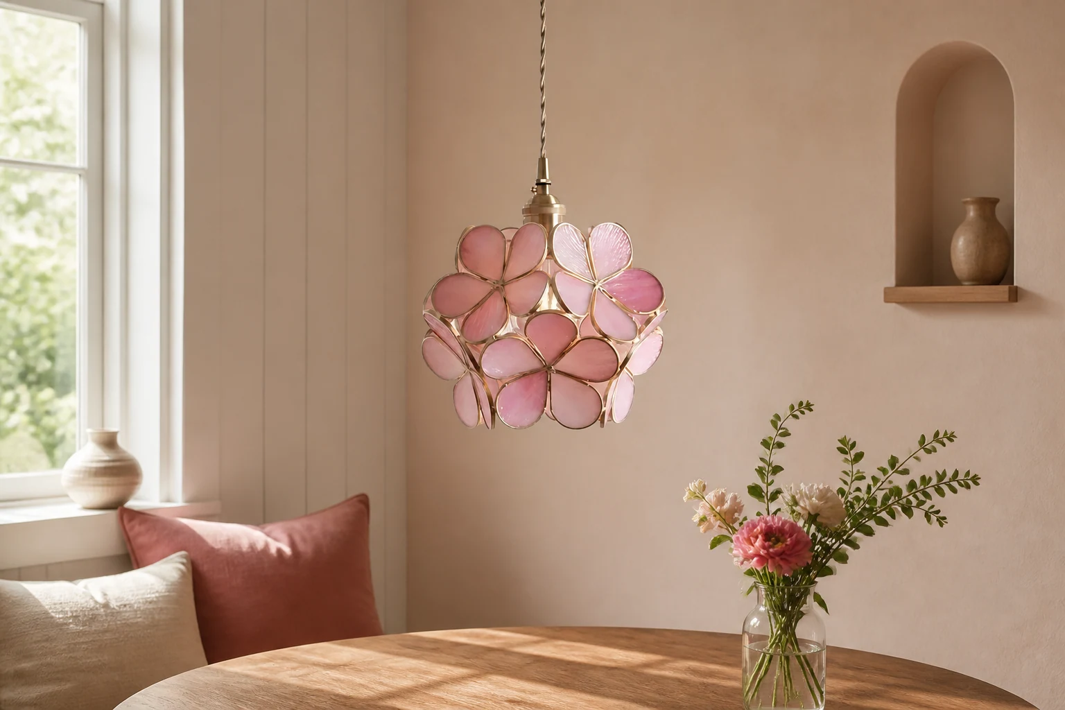 FloriVitre glass petal pendant light in a lifestyle interior scene