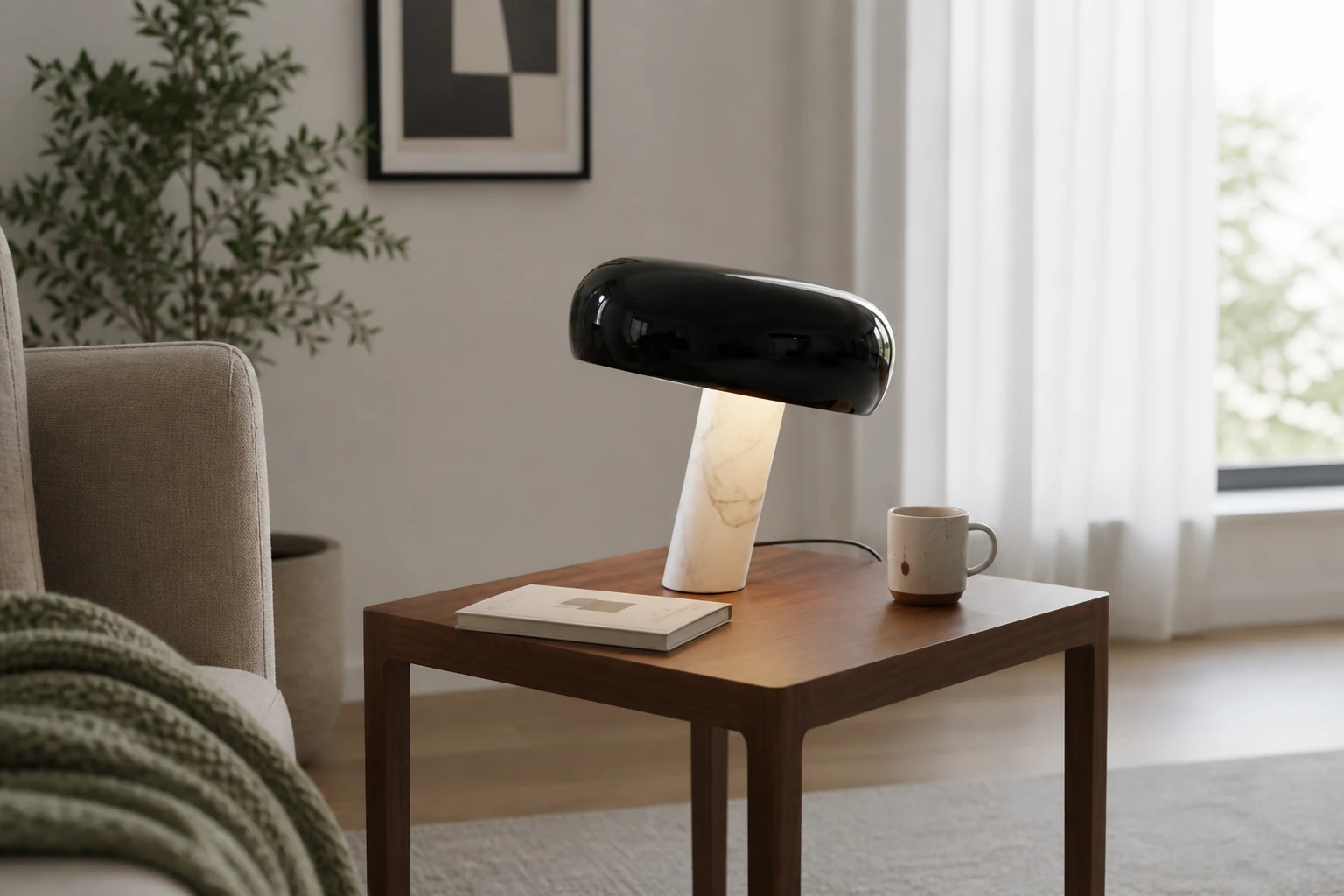 Slantia table lamp in a lifestyle room scene with the full lamp visible