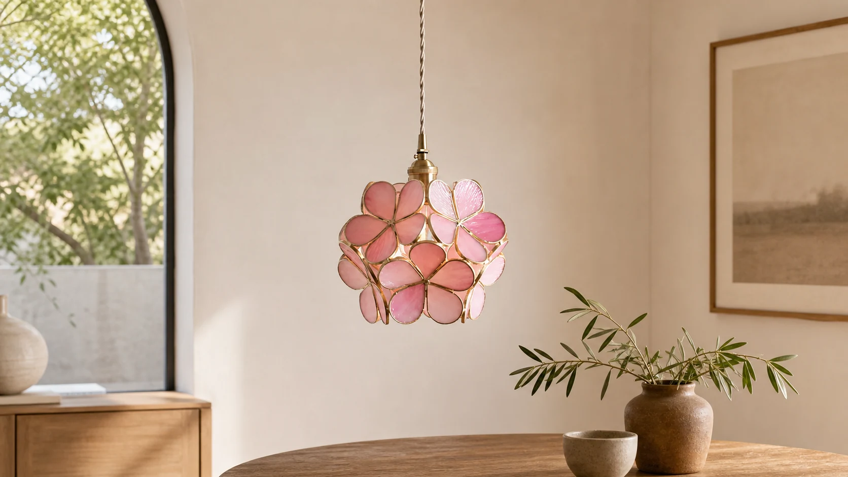 FloriVitre glass petal pendant light in a warm interior setting