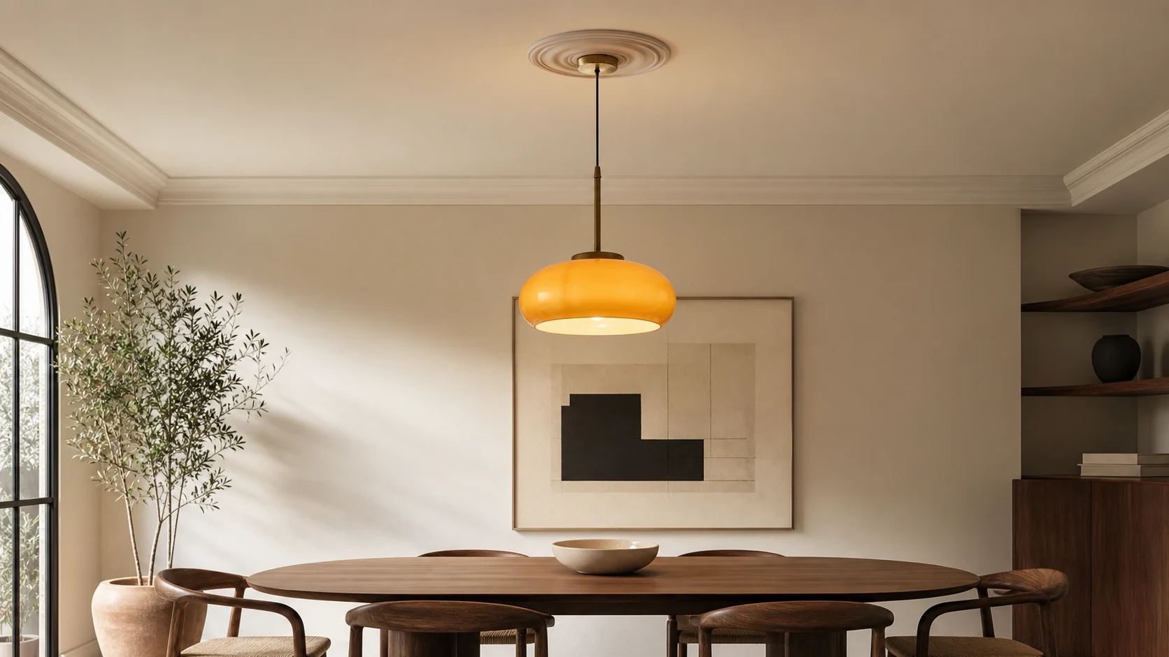 Havelo round glass Bauhaus pendant light in a horizontal interior scene