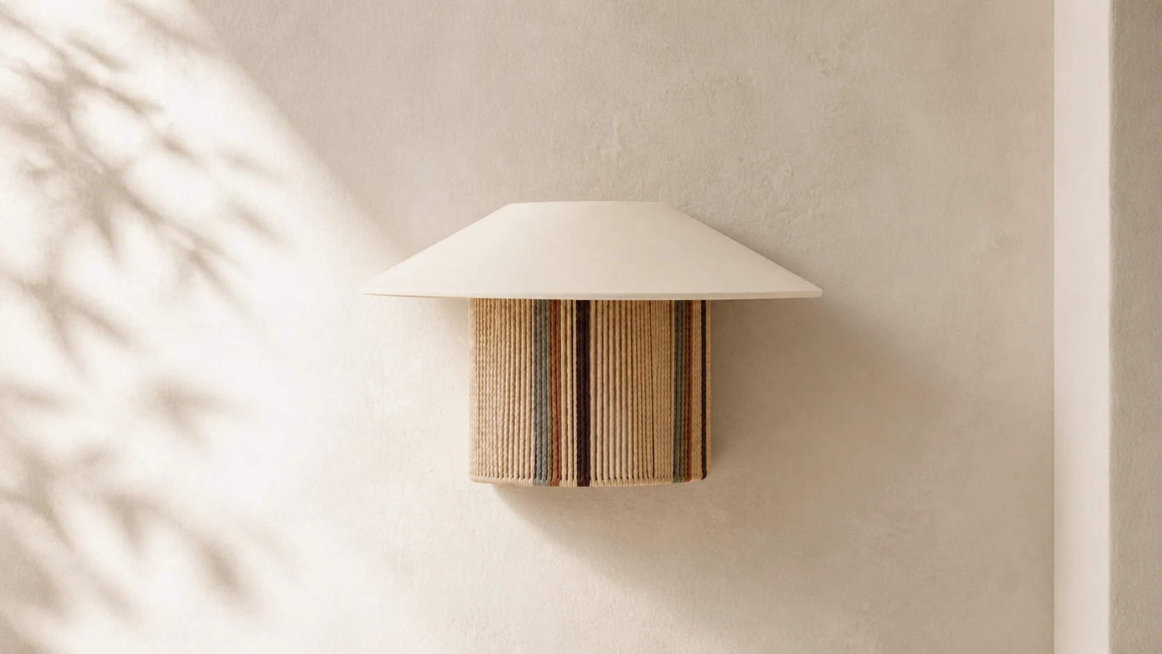 Wabi-sabi woven wall sconce shown in a warm interior scene