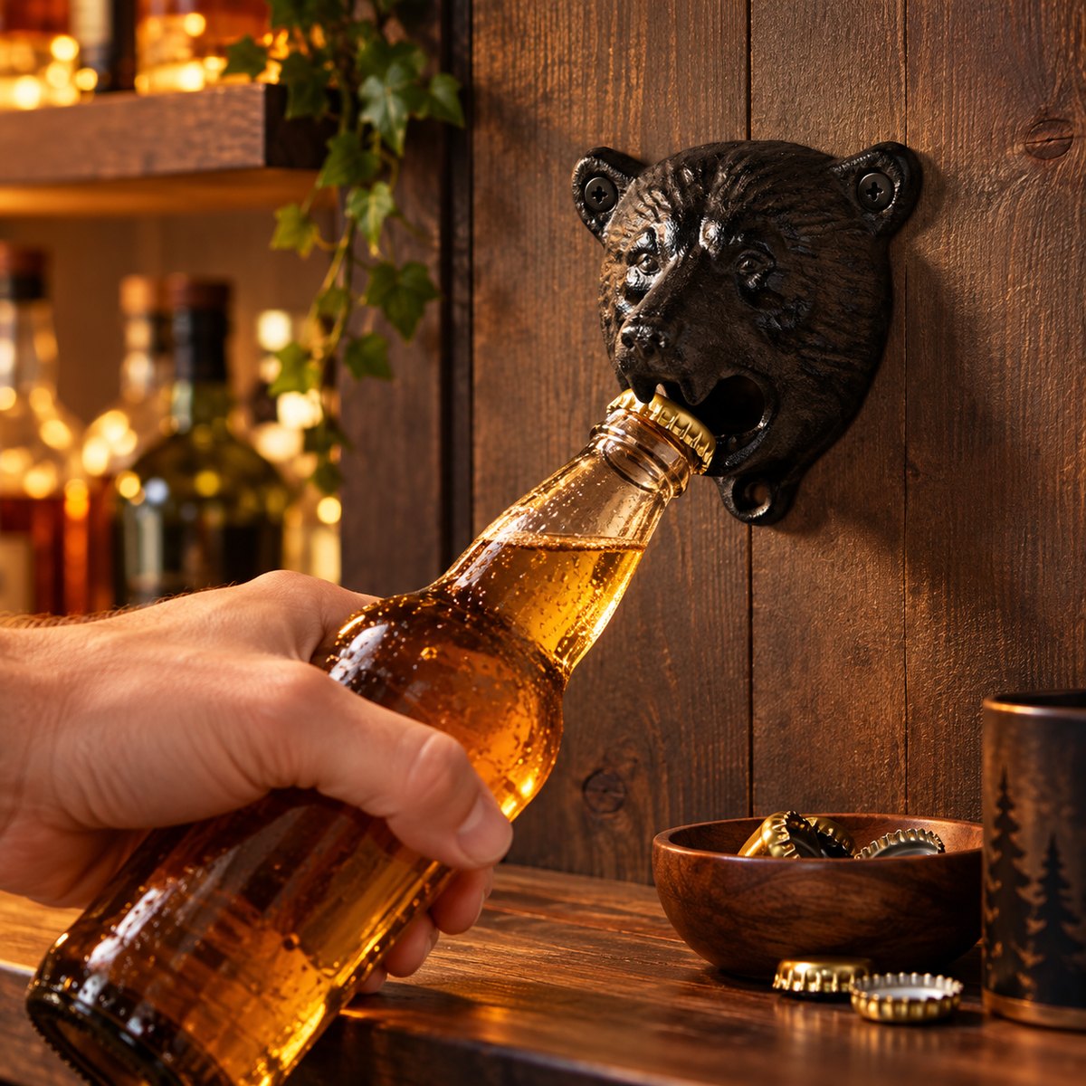 Bear opener opening a bottle by a bar shelf