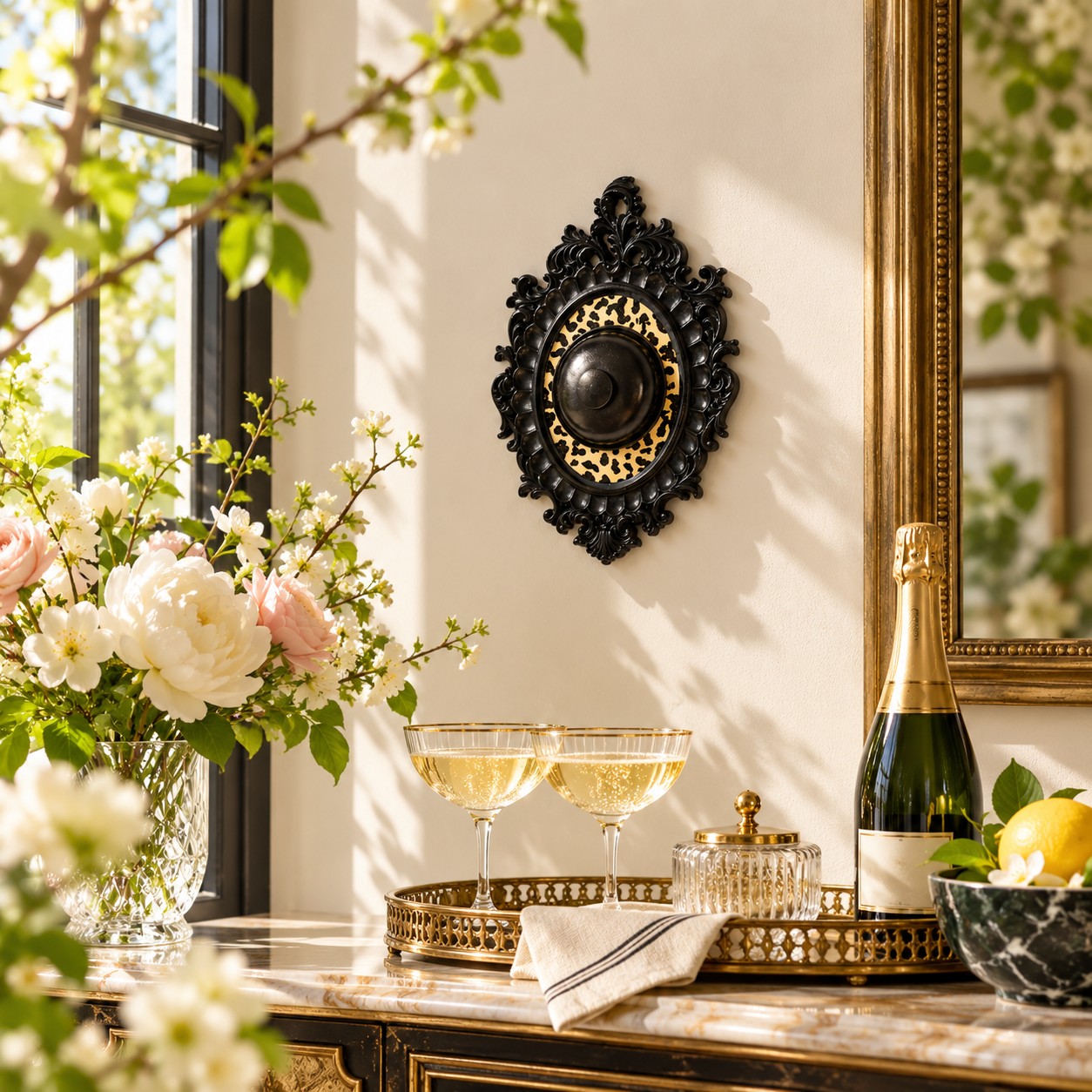 Black leopard wall bell beside a mirror
