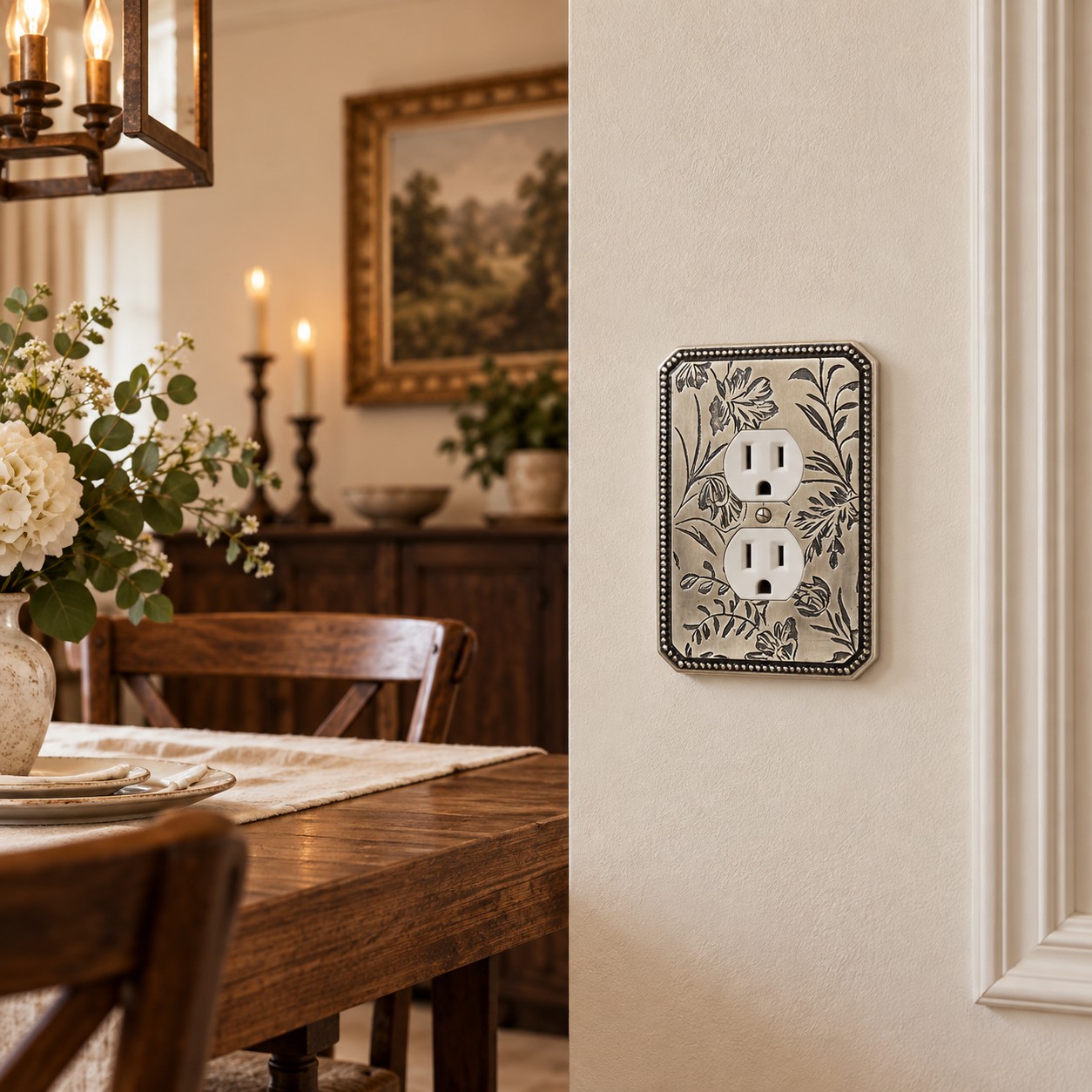Dining room with an etched silver outlet cover
