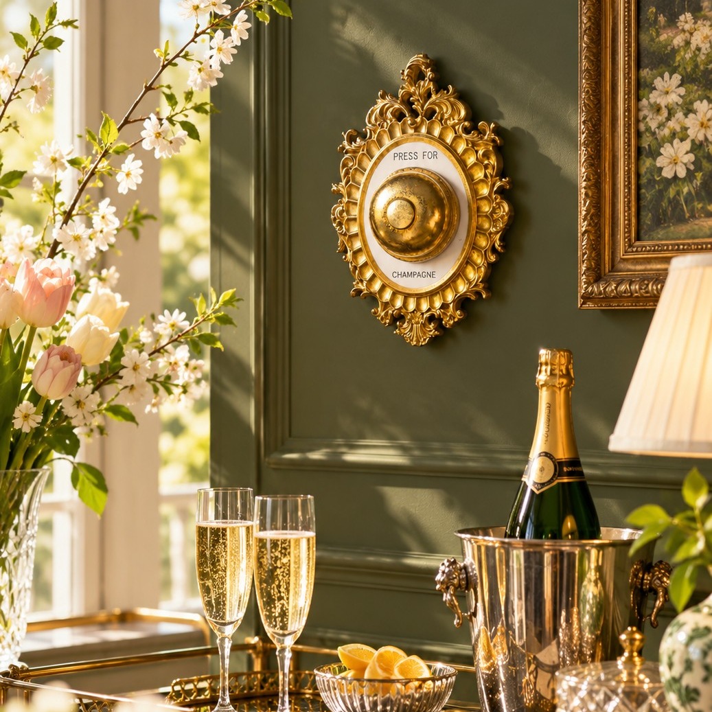 Gilt ivory wall bell on a green wall